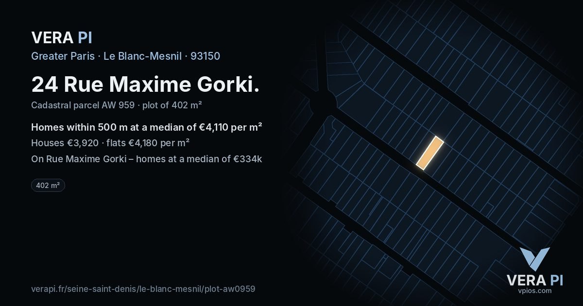 24 Rue Maxime Gorki, Le Blanc-Mesnil at night – the plot lit, the parcels around coloured by the prices near them