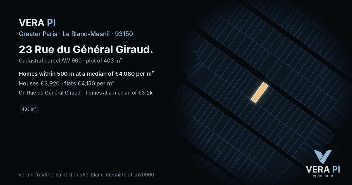 23 Rue du Général Giraud, Le Blanc-Mesnil at night – the plot lit, the parcels around coloured by the prices near them