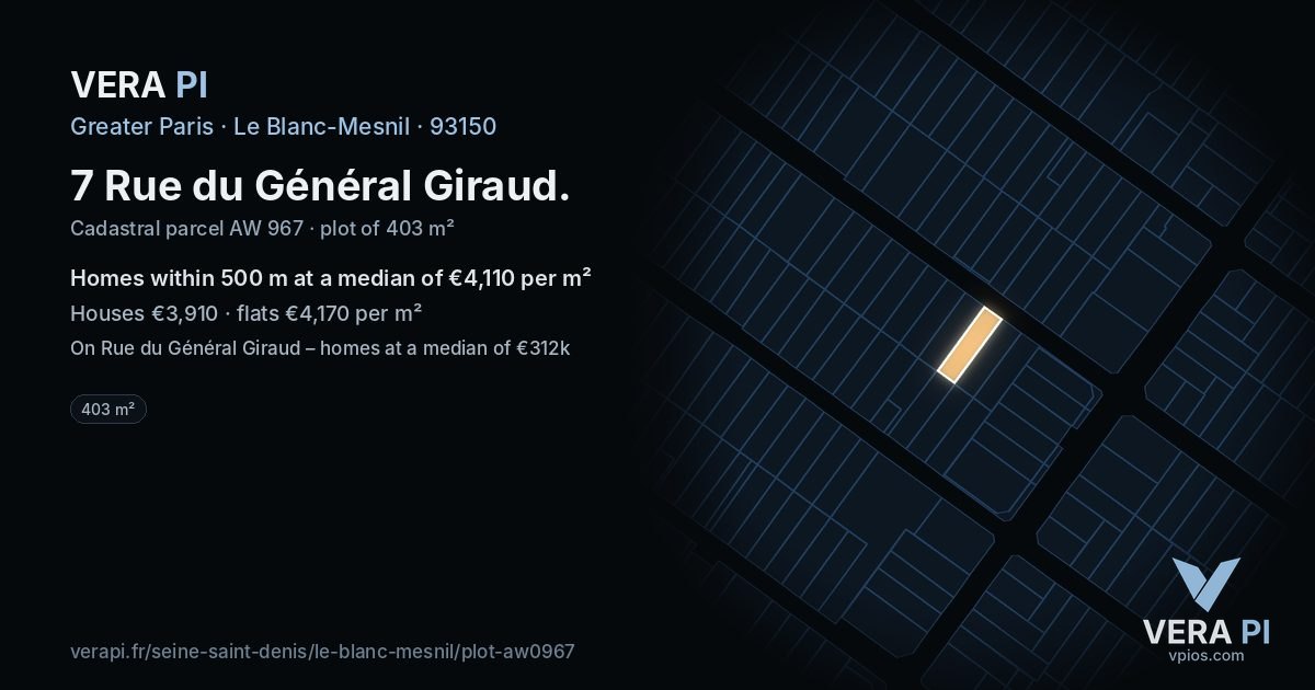 7 Rue du Général Giraud, Le Blanc-Mesnil at night – the plot lit, the parcels around coloured by the prices near them