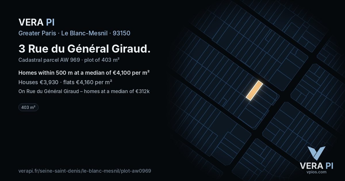 3 Rue du Général Giraud, Le Blanc-Mesnil at night – the plot lit, the parcels around coloured by the prices near them