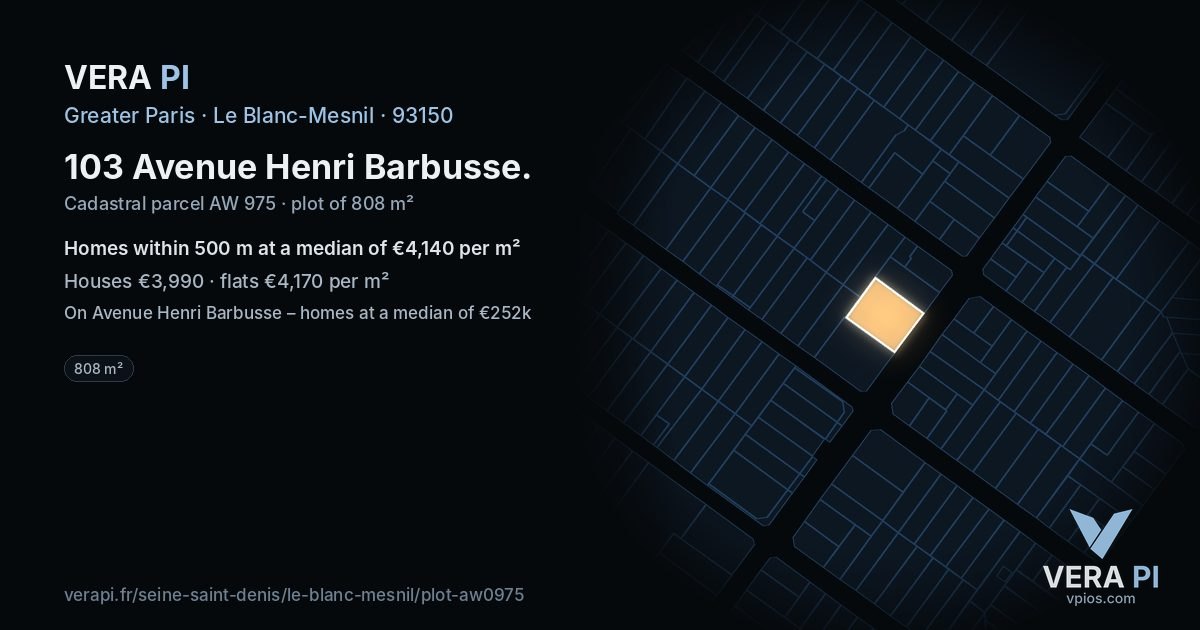103 Avenue Henri Barbusse, Le Blanc-Mesnil at night – the plot lit, the parcels around coloured by the prices near them