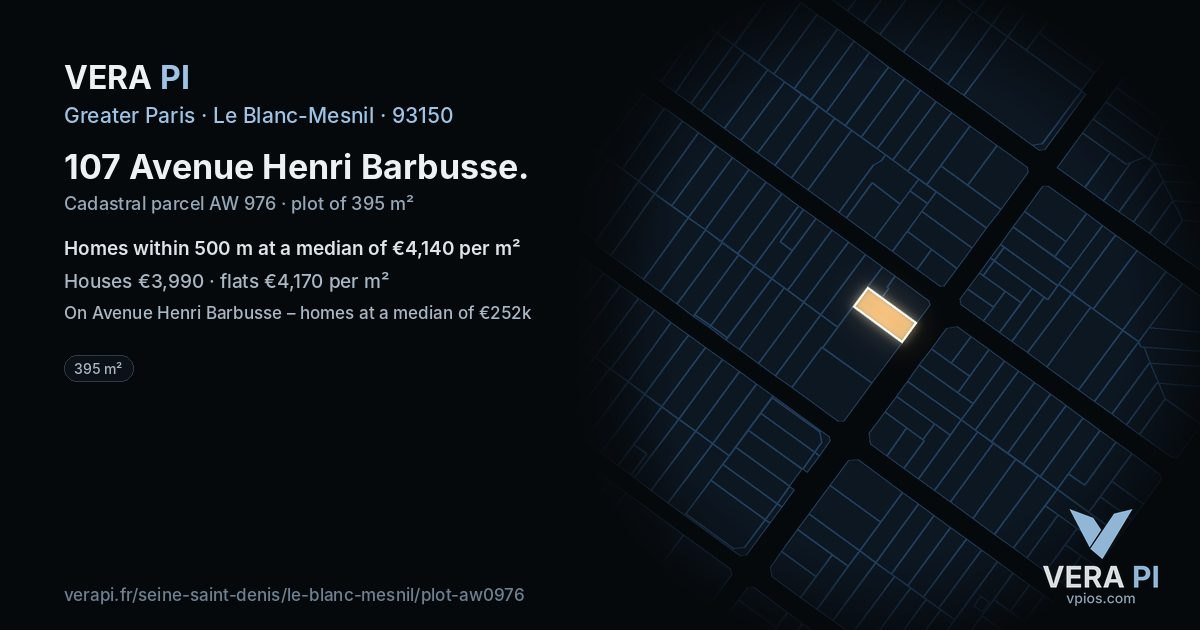 107 Avenue Henri Barbusse, Le Blanc-Mesnil at night – the plot lit, the parcels around coloured by the prices near them