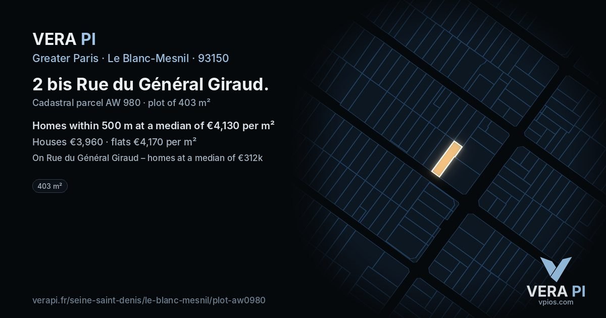 2 bis Rue du Général Giraud, Le Blanc-Mesnil at night – the plot lit, the parcels around coloured by the prices near them