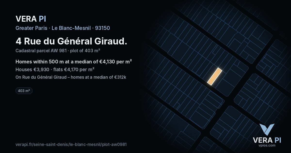4 Rue du Général Giraud, Le Blanc-Mesnil at night – the plot lit, the parcels around coloured by the prices near them
