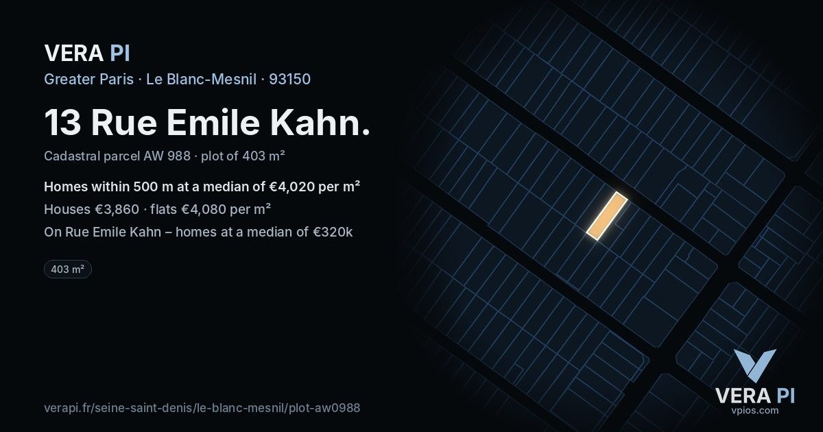 13 Rue Emile Kahn, Le Blanc-Mesnil at night – the plot lit, the parcels around coloured by the prices near them