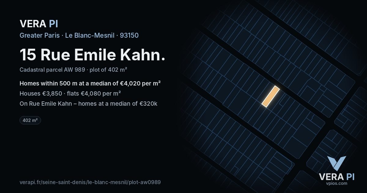 15 Rue Emile Kahn, Le Blanc-Mesnil at night – the plot lit, the parcels around coloured by the prices near them