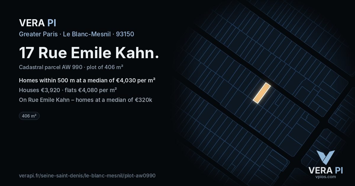 17 Rue Emile Kahn, Le Blanc-Mesnil at night – the plot lit, the parcels around coloured by the prices near them