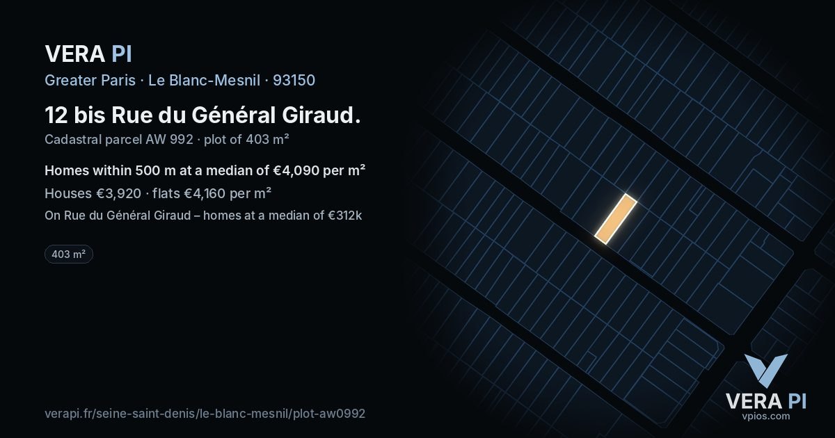 12 bis Rue du Général Giraud, Le Blanc-Mesnil at night – the plot lit, the parcels around coloured by the prices near them