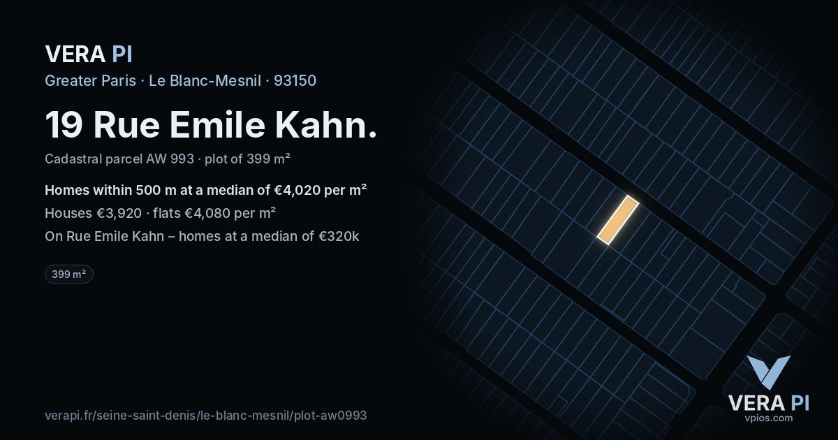 19 Rue Emile Kahn, Le Blanc-Mesnil at night – the plot lit, the parcels around coloured by the prices near them