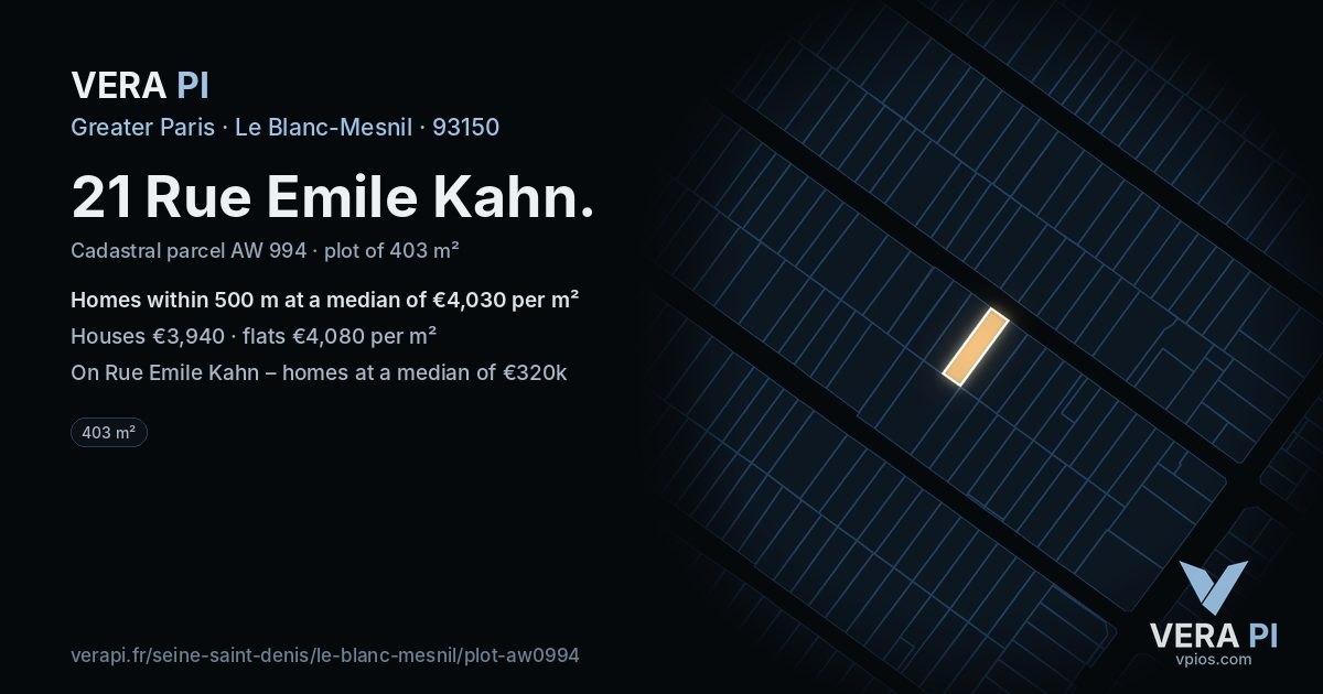 21 Rue Emile Kahn, Le Blanc-Mesnil at night – the plot lit, the parcels around coloured by the prices near them