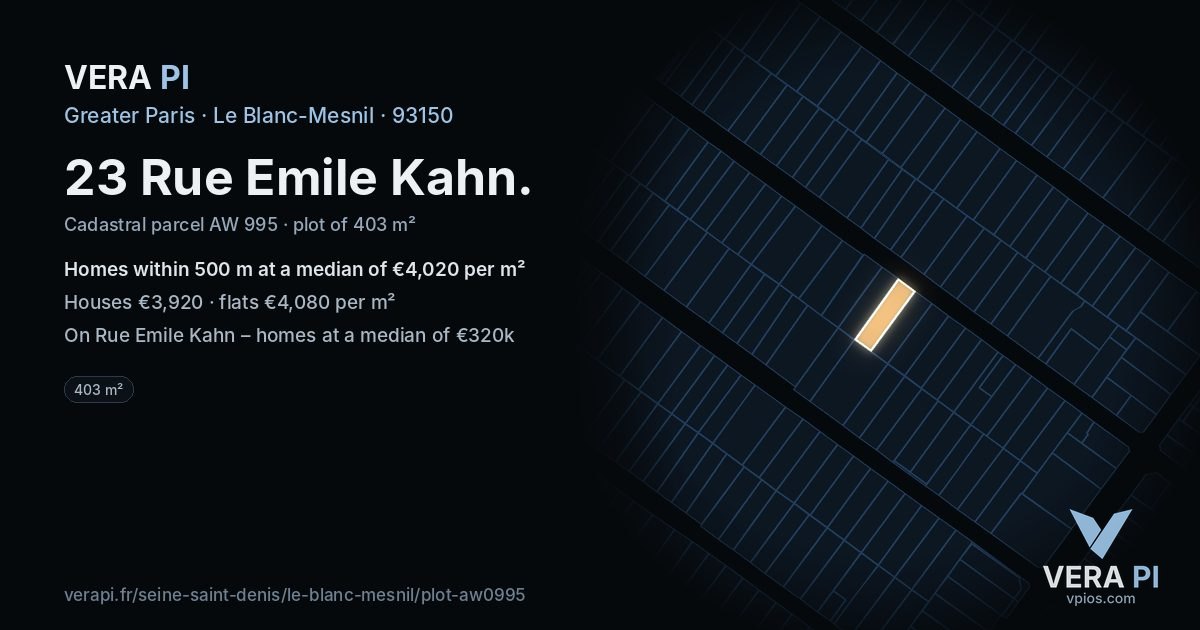 23 Rue Emile Kahn, Le Blanc-Mesnil at night – the plot lit, the parcels around coloured by the prices near them