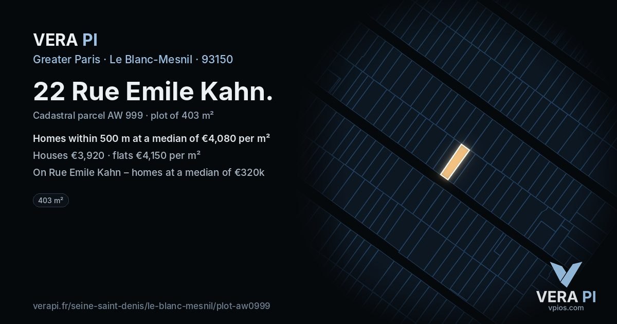 22 Rue Emile Kahn, Le Blanc-Mesnil at night – the plot lit, the parcels around coloured by the prices near them