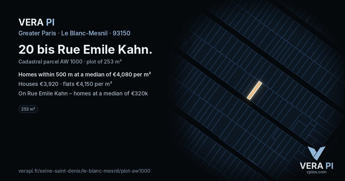 20 bis Rue Emile Kahn, Le Blanc-Mesnil at night – the plot lit, the parcels around coloured by the prices near them