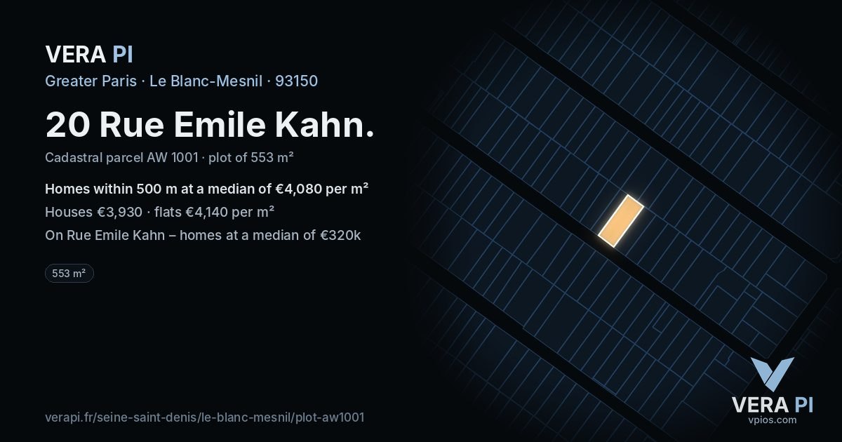 20 Rue Emile Kahn, Le Blanc-Mesnil at night – the plot lit, the parcels around coloured by the prices near them