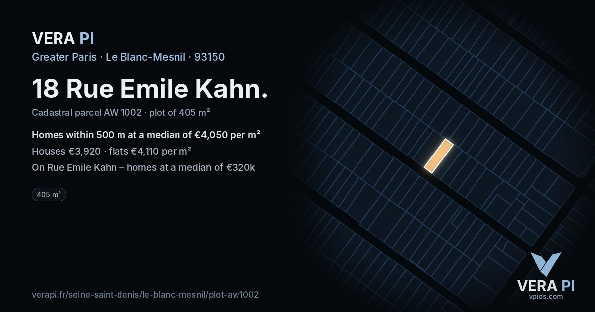 18 Rue Emile Kahn, Le Blanc-Mesnil at night – the plot lit, the parcels around coloured by the prices near them