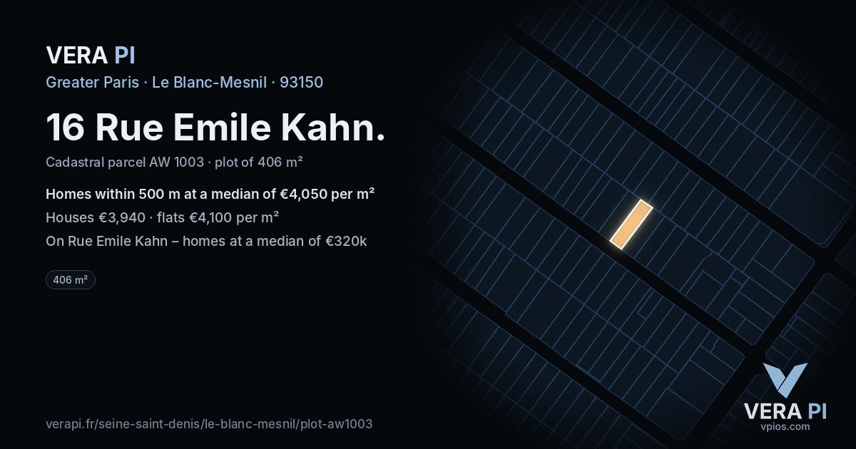16 Rue Emile Kahn, Le Blanc-Mesnil at night – the plot lit, the parcels around coloured by the prices near them