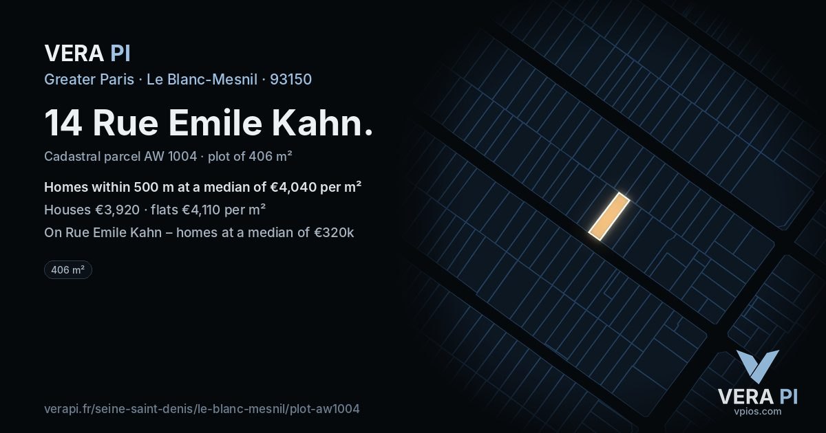 14 Rue Emile Kahn, Le Blanc-Mesnil at night – the plot lit, the parcels around coloured by the prices near them