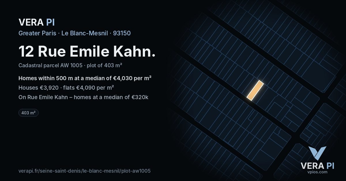 12 Rue Emile Kahn, Le Blanc-Mesnil at night – the plot lit, the parcels around coloured by the prices near them