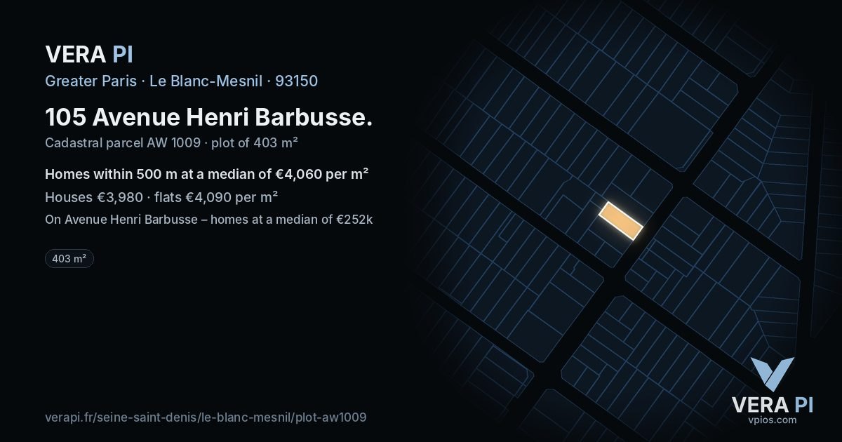 105 Avenue Henri Barbusse, Le Blanc-Mesnil at night – the plot lit, the parcels around coloured by the prices near them