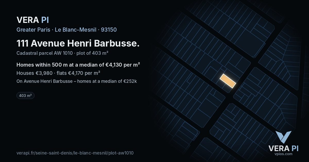 111 Avenue Henri Barbusse, Le Blanc-Mesnil at night – the plot lit, the parcels around coloured by the prices near them