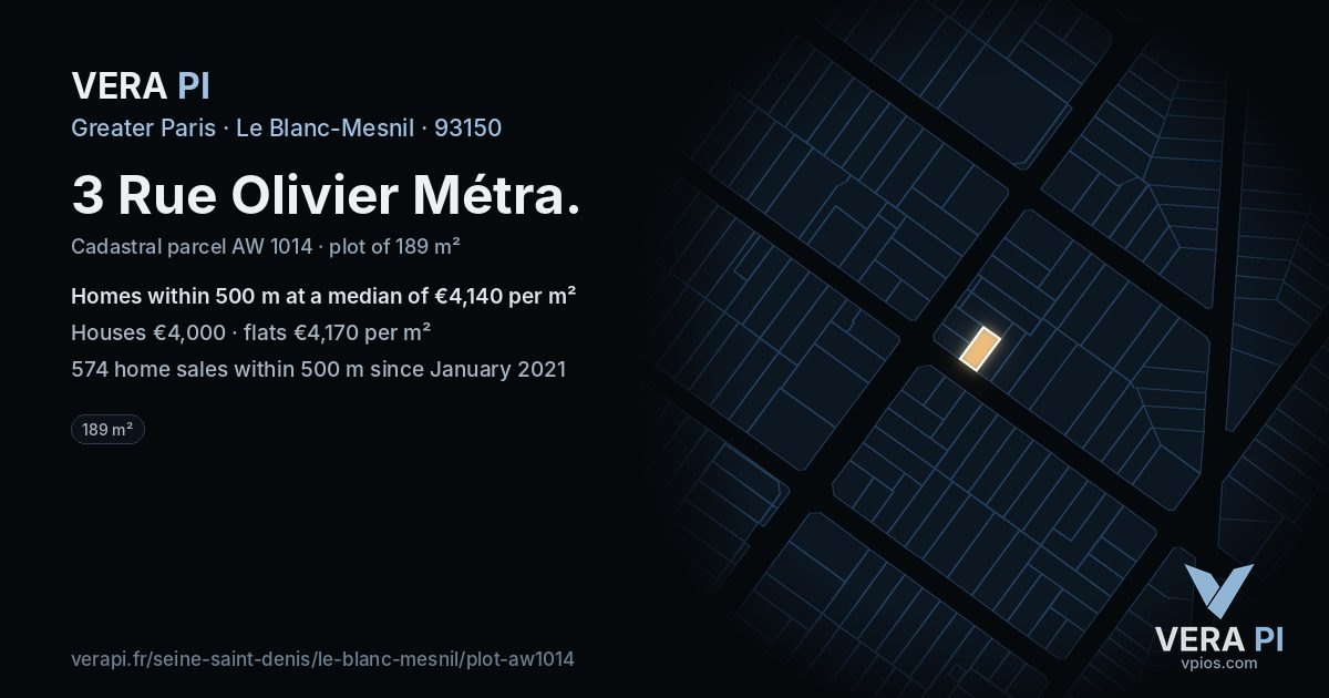 3 Rue Olivier Métra, Le Blanc-Mesnil at night – the plot lit, the parcels around coloured by the prices near them