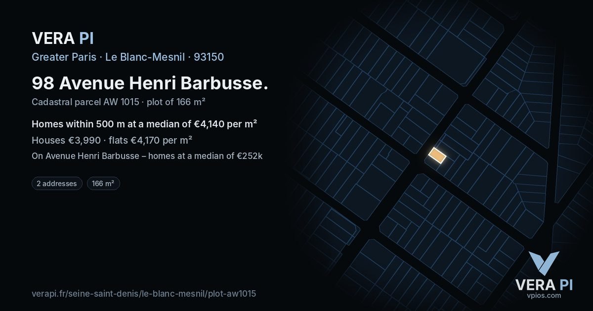 98 Avenue Henri Barbusse, Le Blanc-Mesnil at night – the plot lit, the parcels around coloured by the prices near them