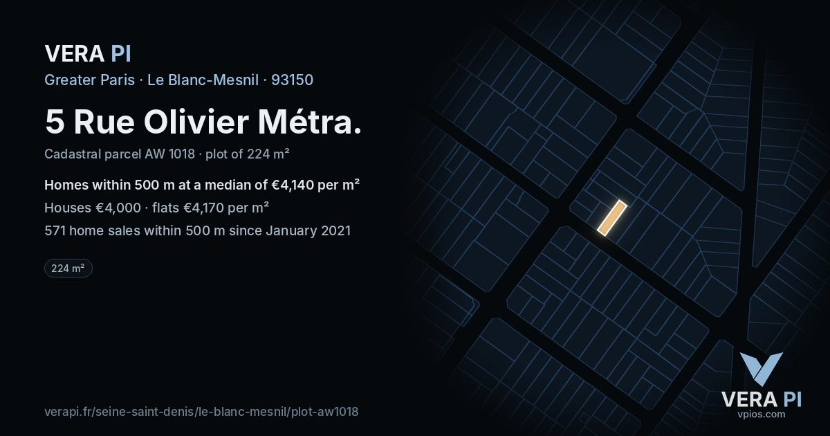 5 Rue Olivier Métra, Le Blanc-Mesnil at night – the plot lit, the parcels around coloured by the prices near them
