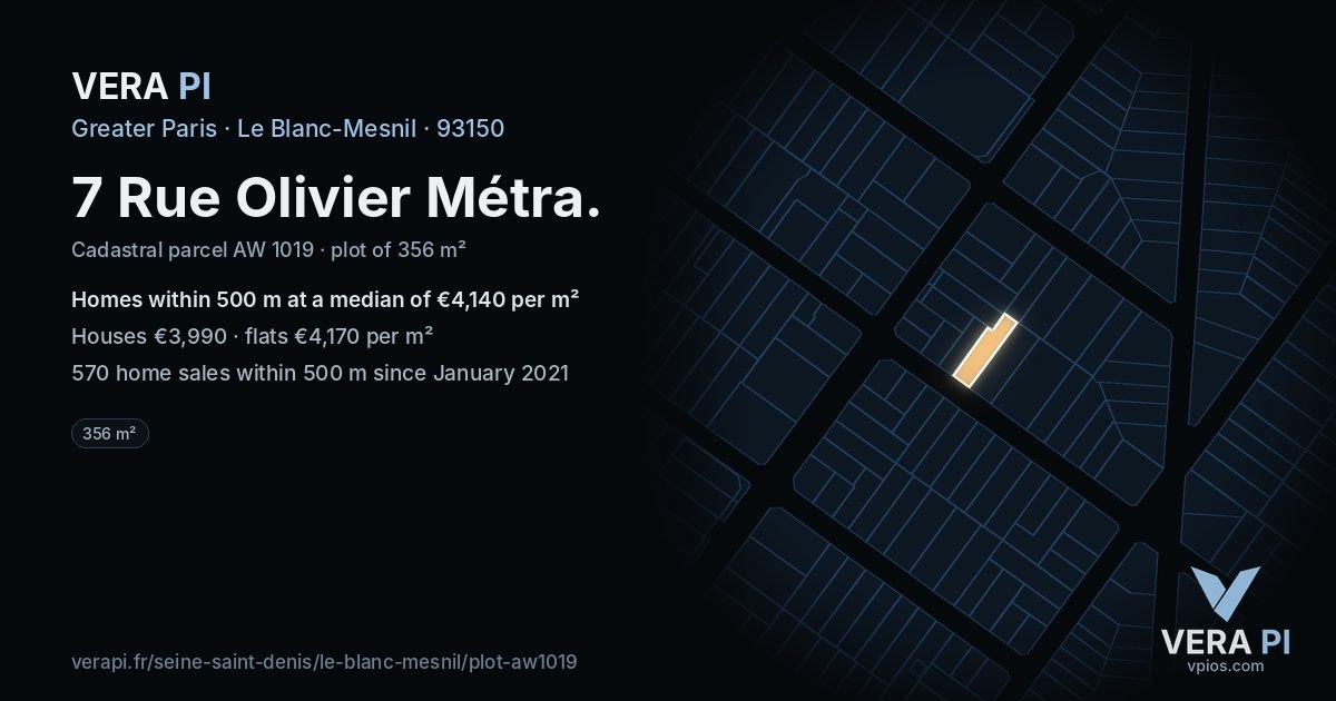 7 Rue Olivier Métra, Le Blanc-Mesnil at night – the plot lit, the parcels around coloured by the prices near them