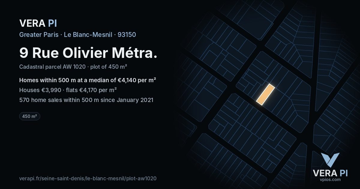 9 Rue Olivier Métra, Le Blanc-Mesnil at night – the plot lit, the parcels around coloured by the prices near them