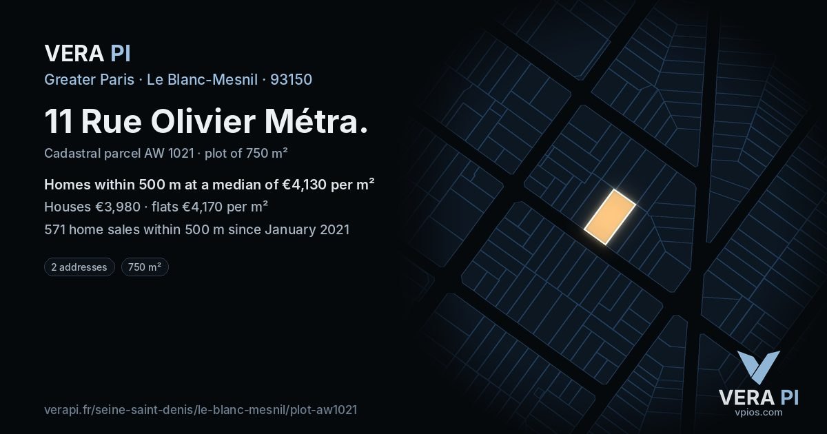 11 Rue Olivier Métra, Le Blanc-Mesnil at night – the plot lit, the parcels around coloured by the prices near them