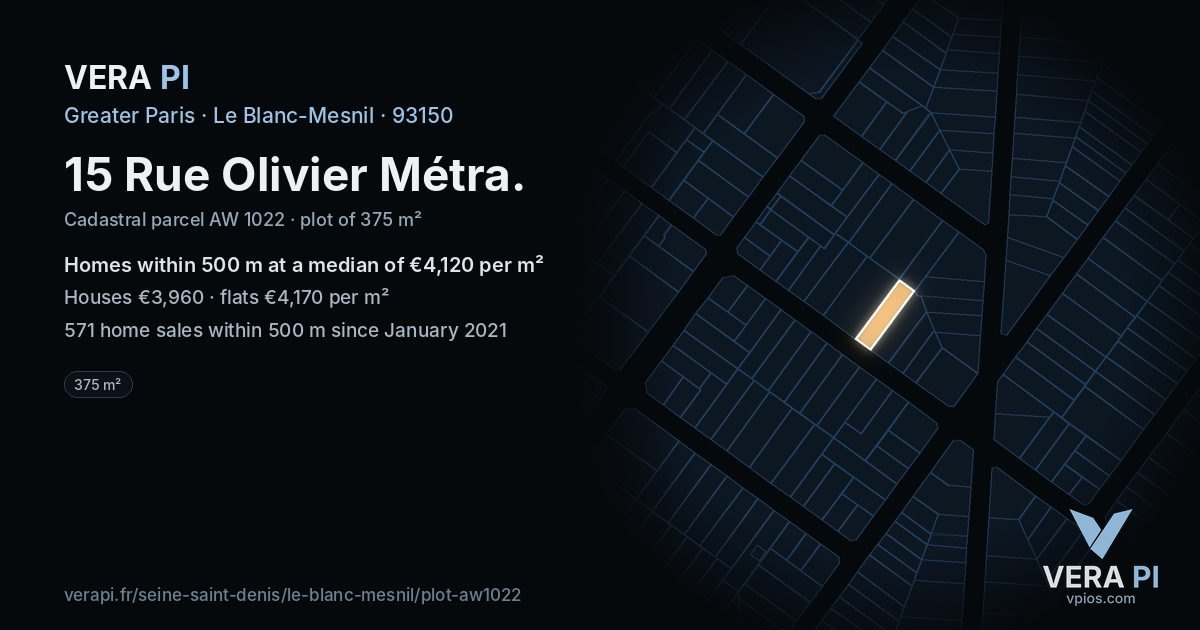 15 Rue Olivier Métra, Le Blanc-Mesnil at night – the plot lit, the parcels around coloured by the prices near them