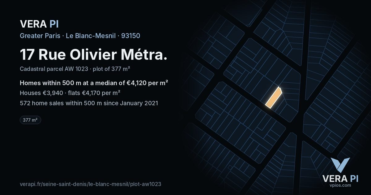 17 Rue Olivier Métra, Le Blanc-Mesnil at night – the plot lit, the parcels around coloured by the prices near them