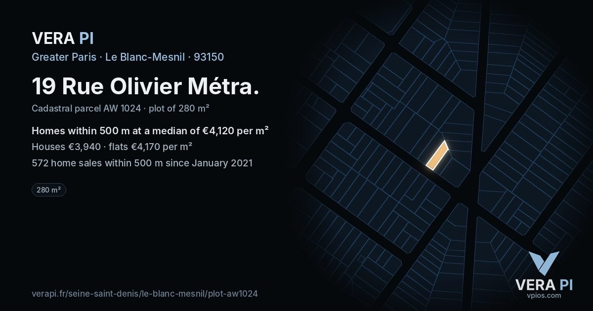 19 Rue Olivier Métra, Le Blanc-Mesnil at night – the plot lit, the parcels around coloured by the prices near them