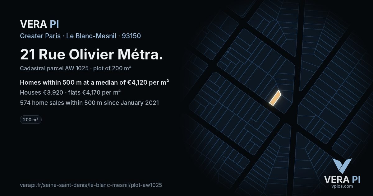 21 Rue Olivier Métra, Le Blanc-Mesnil at night – the plot lit, the parcels around coloured by the prices near them