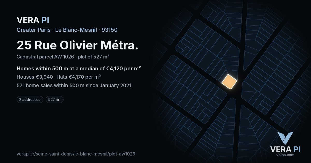 25 Rue Olivier Métra, Le Blanc-Mesnil at night – the plot lit, the parcels around coloured by the prices near them