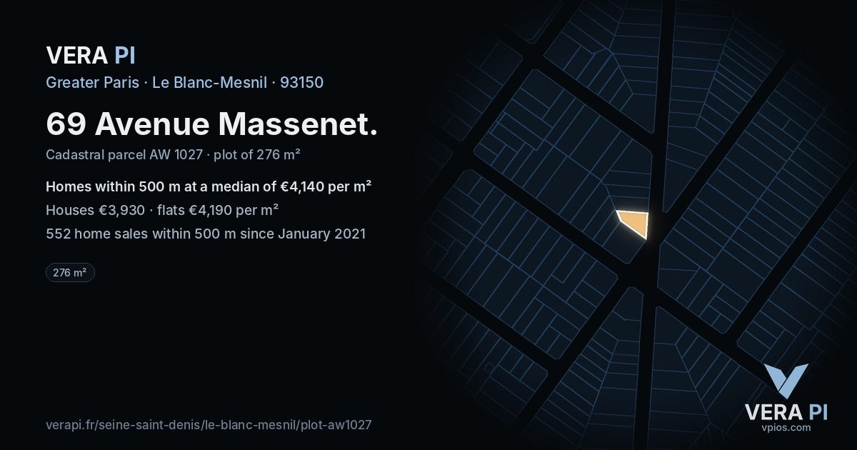 69 Avenue Massenet, Le Blanc-Mesnil at night – the plot lit, the parcels around coloured by the prices near them