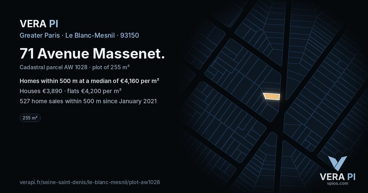 71 Avenue Massenet, Le Blanc-Mesnil at night – the plot lit, the parcels around coloured by the prices near them
