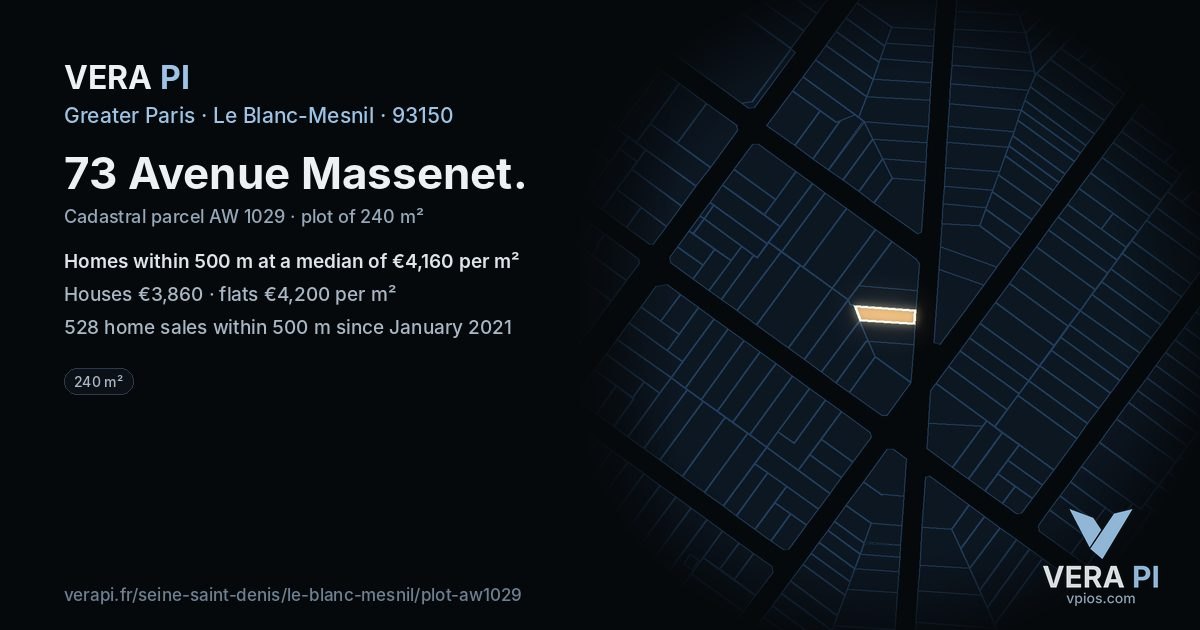 73 Avenue Massenet, Le Blanc-Mesnil at night – the plot lit, the parcels around coloured by the prices near them