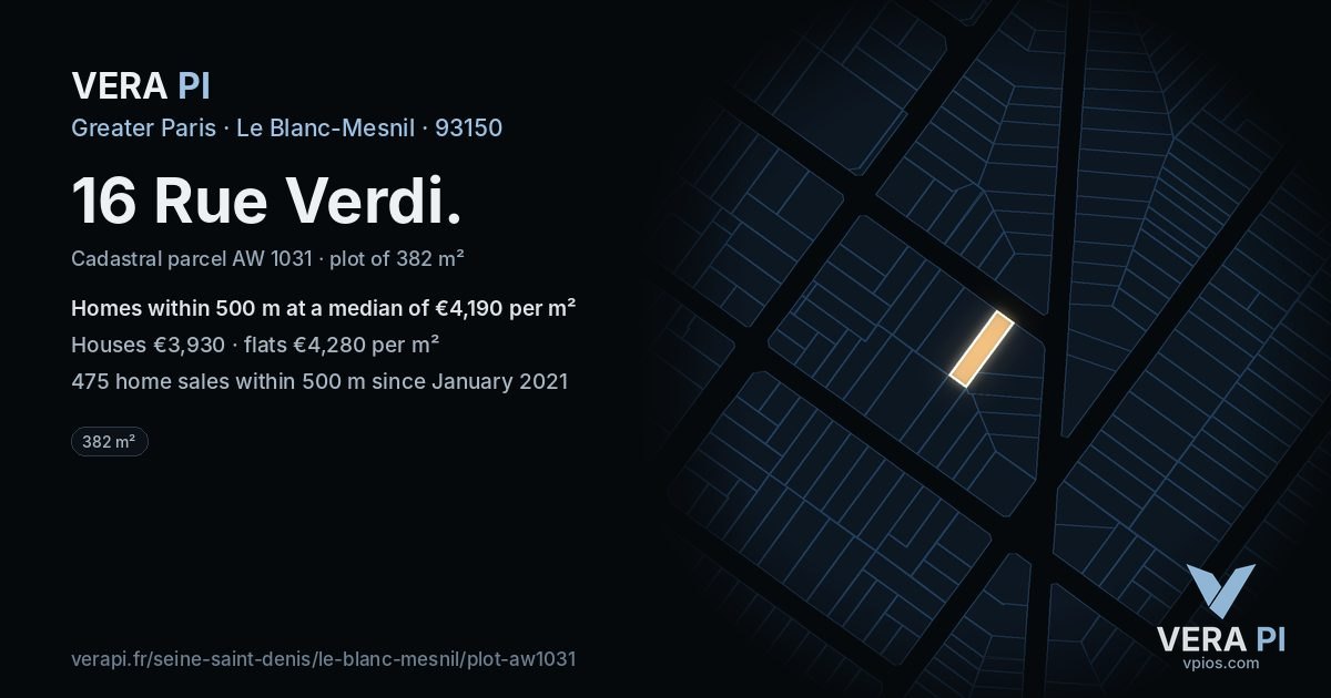 16 Rue Verdi, Le Blanc-Mesnil at night – the plot lit, the parcels around coloured by the prices near them