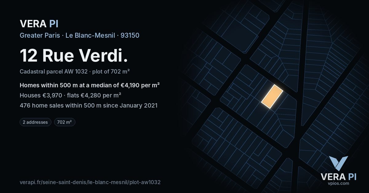 12 Rue Verdi, Le Blanc-Mesnil at night – the plot lit, the parcels around coloured by the prices near them