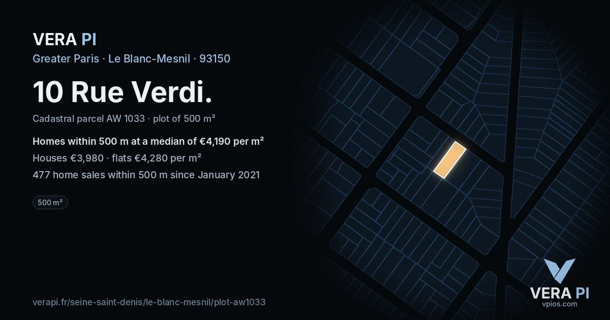 10 Rue Verdi, Le Blanc-Mesnil at night – the plot lit, the parcels around coloured by the prices near them