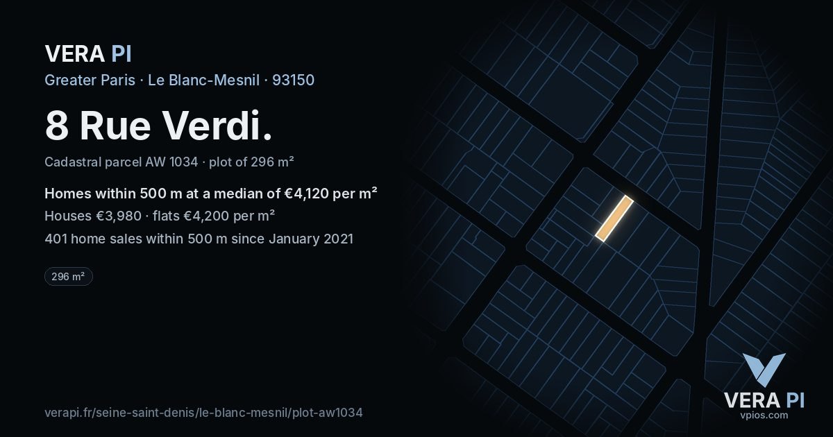 8 Rue Verdi, Le Blanc-Mesnil at night – the plot lit, the parcels around coloured by the prices near them