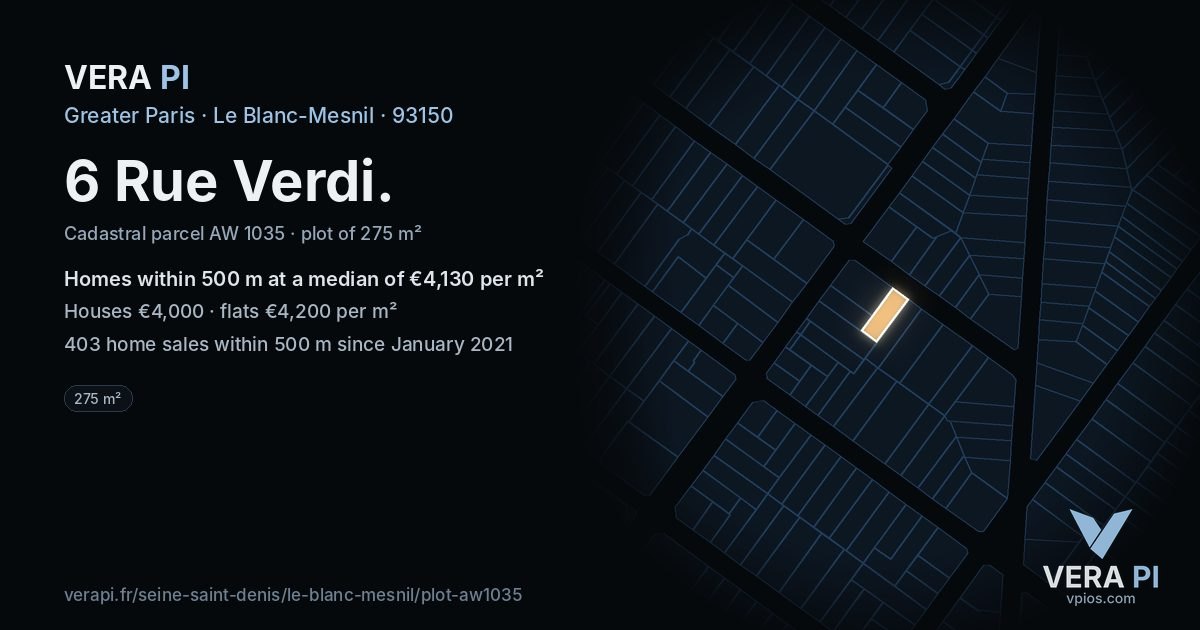 6 Rue Verdi, Le Blanc-Mesnil at night – the plot lit, the parcels around coloured by the prices near them