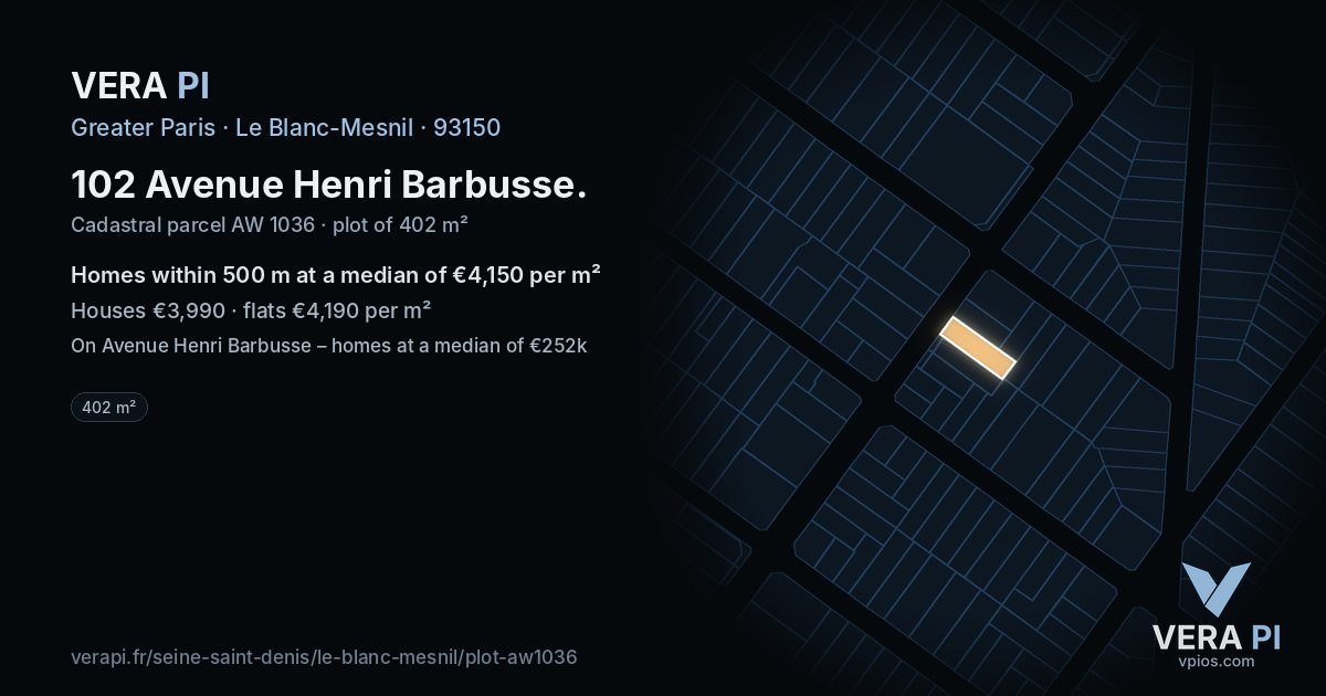 102 Avenue Henri Barbusse, Le Blanc-Mesnil at night – the plot lit, the parcels around coloured by the prices near them