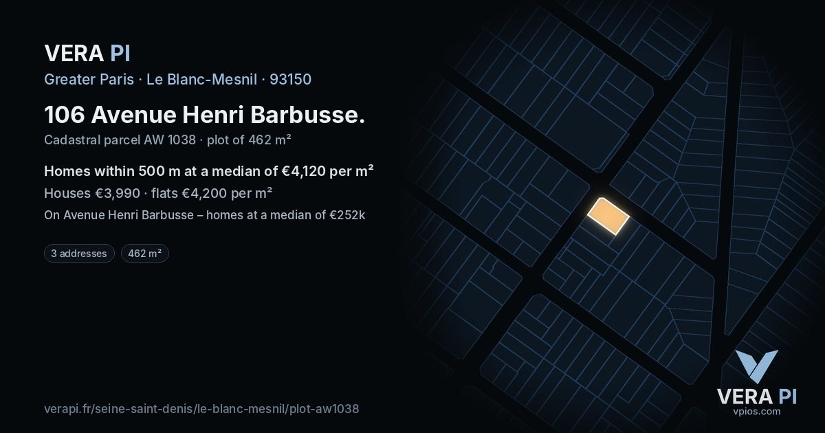 106 Avenue Henri Barbusse, Le Blanc-Mesnil at night – the plot lit, the parcels around coloured by the prices near them