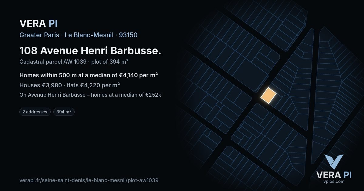108 Avenue Henri Barbusse, Le Blanc-Mesnil at night – the plot lit, the parcels around coloured by the prices near them