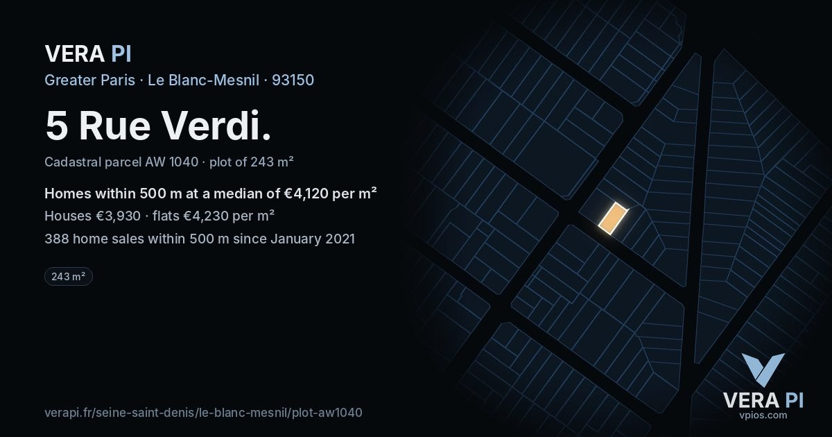 5 Rue Verdi, Le Blanc-Mesnil at night – the plot lit, the parcels around coloured by the prices near them