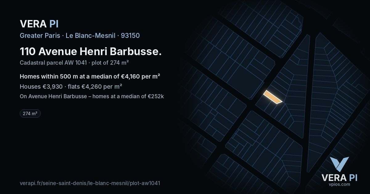 110 Avenue Henri Barbusse, Le Blanc-Mesnil at night – the plot lit, the parcels around coloured by the prices near them