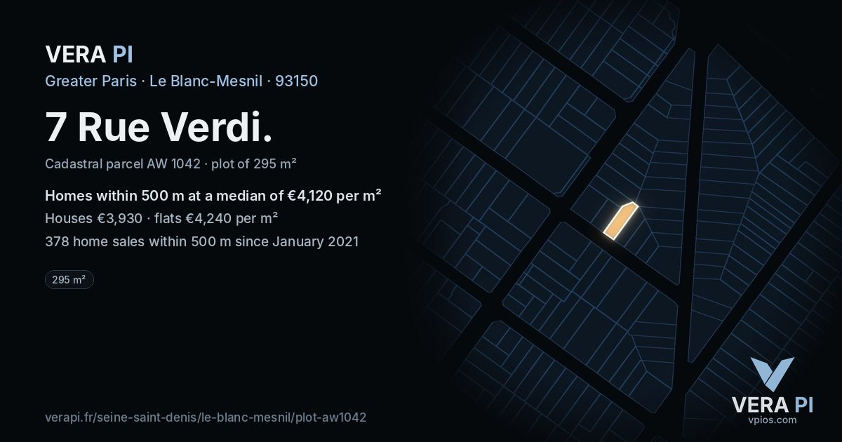 7 Rue Verdi, Le Blanc-Mesnil at night – the plot lit, the parcels around coloured by the prices near them