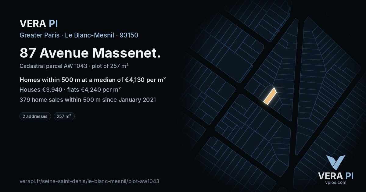 87 Avenue Massenet, Le Blanc-Mesnil at night – the plot lit, the parcels around coloured by the prices near them